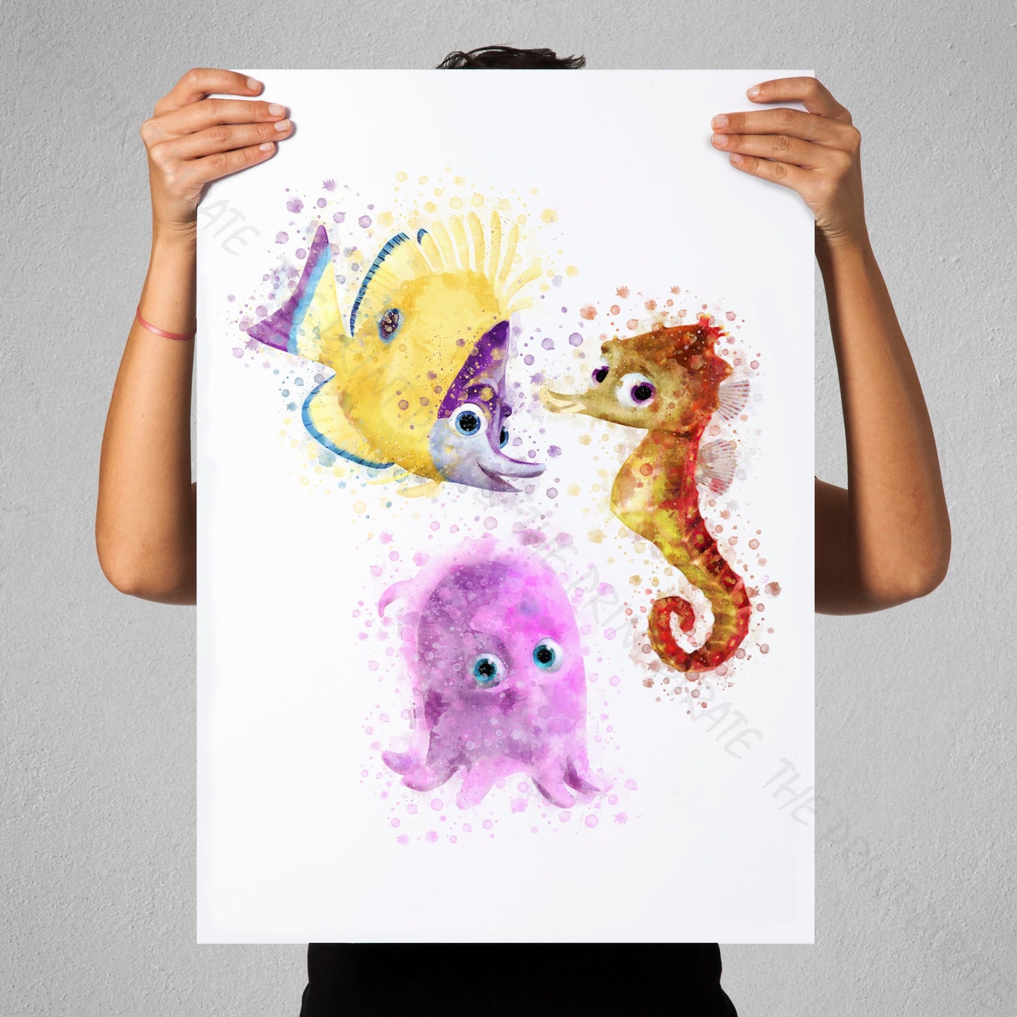 Disney Pixar 'PEARL, SHELDON & TAD' Finding Nemo Watercolour Splash Wall Art Print