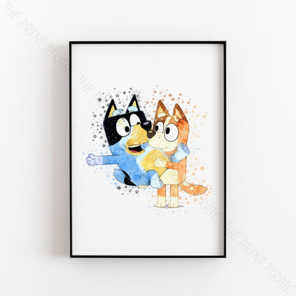 Bluey 'BANDIT & CHILLI' character Watercolour Splash Wall Art Print