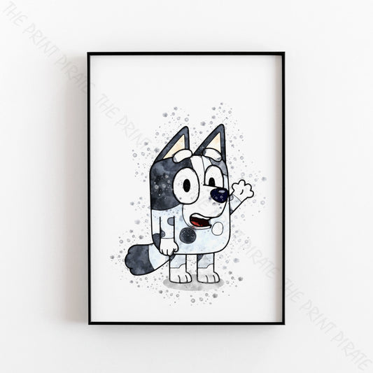 Bluey 'MUFFIN' character Watercolour Splash Wall Art Print