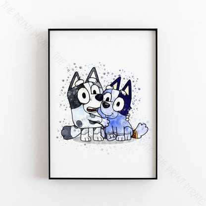 Bluey 'MUFFIN & SOCKS' character Watercolour Splash Wall Art Print