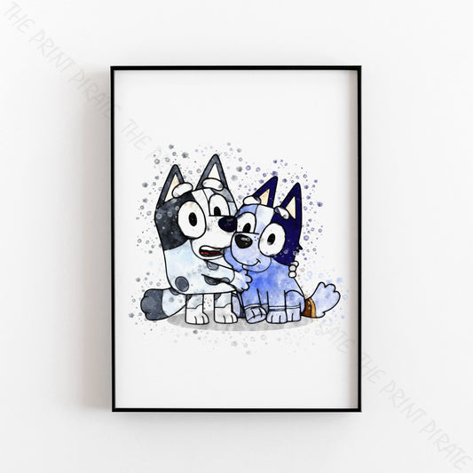 Bluey 'MUFFIN & SOCKS' character Watercolour Splash Wall Art Print