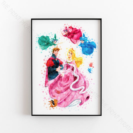 Disney 'SLEEPING BEAUTY GROUP' Watercolour Splash Wall Art Print