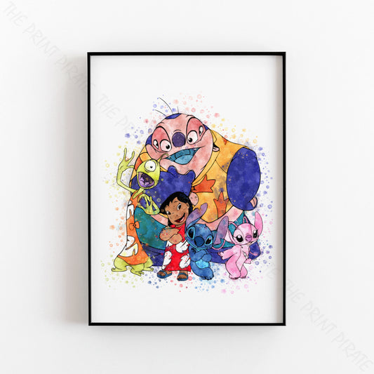 Disney 'LILO AND STITCH GROUP' Lilo and Stitch Watercolour Splash Wall Art Print