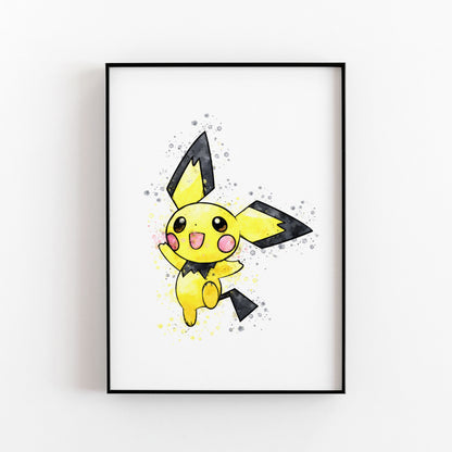 Pokemon 'PICHU' Watercolour Splash Wall Art Print