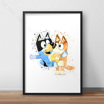 Bluey 'BANDIT & CHILLI' character Watercolour Splash Wall Art Print