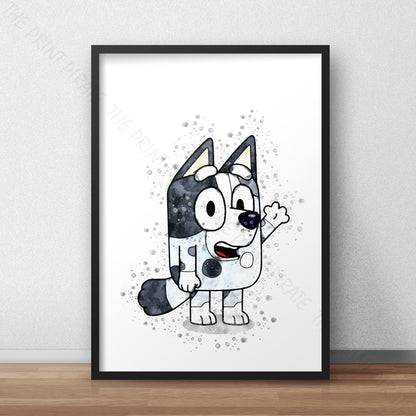 Bluey 'MUFFIN' character Watercolour Splash Wall Art Print