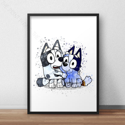 Bluey 'MUFFIN & SOCKS' character Watercolour Splash Wall Art Print