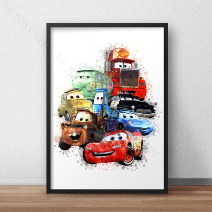 Disney 'CARS GROUP' Cars Character Watercolour Splash Wall Art Print