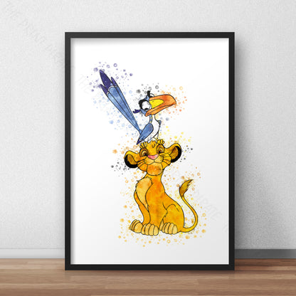 Disney 'SIMBA AND ZAZU' Lion King Watercolour Splash Wall Art Print