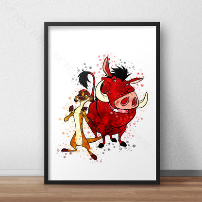 Disney 'TIMON AND PUMBAA' Lion King Watercolour Splash Wall Art Print