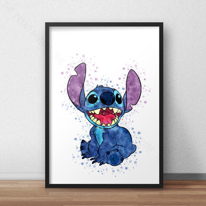 Disney 'STITCH SITTING' Lilo and Stitch Watercolour Splash Wall Art Print