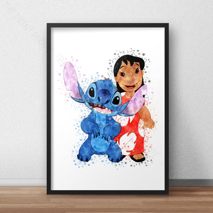 Disney 'LILO AND STITCH' Lilo and Stitch Watercolour Splash Wall Art Print