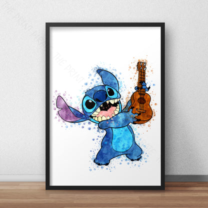 Disney 'STITCH WITH UKE' Lilo and Stitch Watercolour Splash Wall Art Print