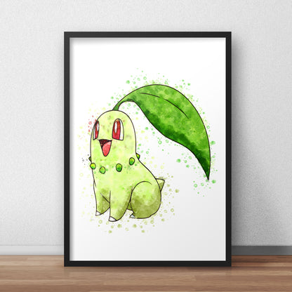 Pokemon 'CHIKORITE' Watercolour Splash Wall Art Print