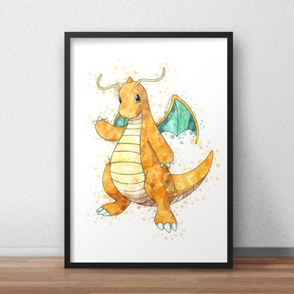 Pokemon 'DRAGONITE' Watercolour Splash Wall Art Print
