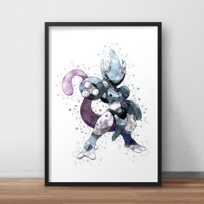 Pokemon 'ARMOURED MEWTWO' Watercolour Splash Wall Art Print