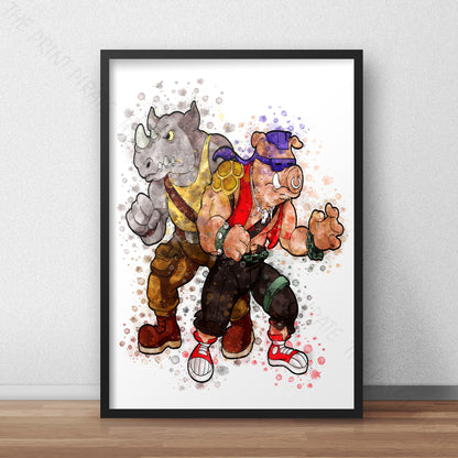 Teenage Mutant Ninja Turtles 'BEBOP AND ROCKSTEADY' Watercolour Splash Wall Art Print