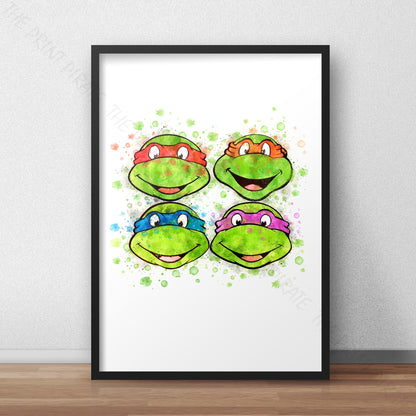 Teenage Mutant Ninja Turtles 'TURTLE FACES' Watercolour Splash Wall Art Print