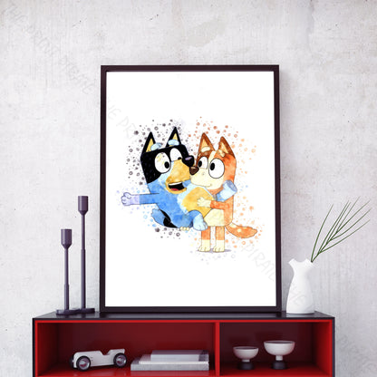 Bluey 'BANDIT & CHILLI' character Watercolour Splash Wall Art Print