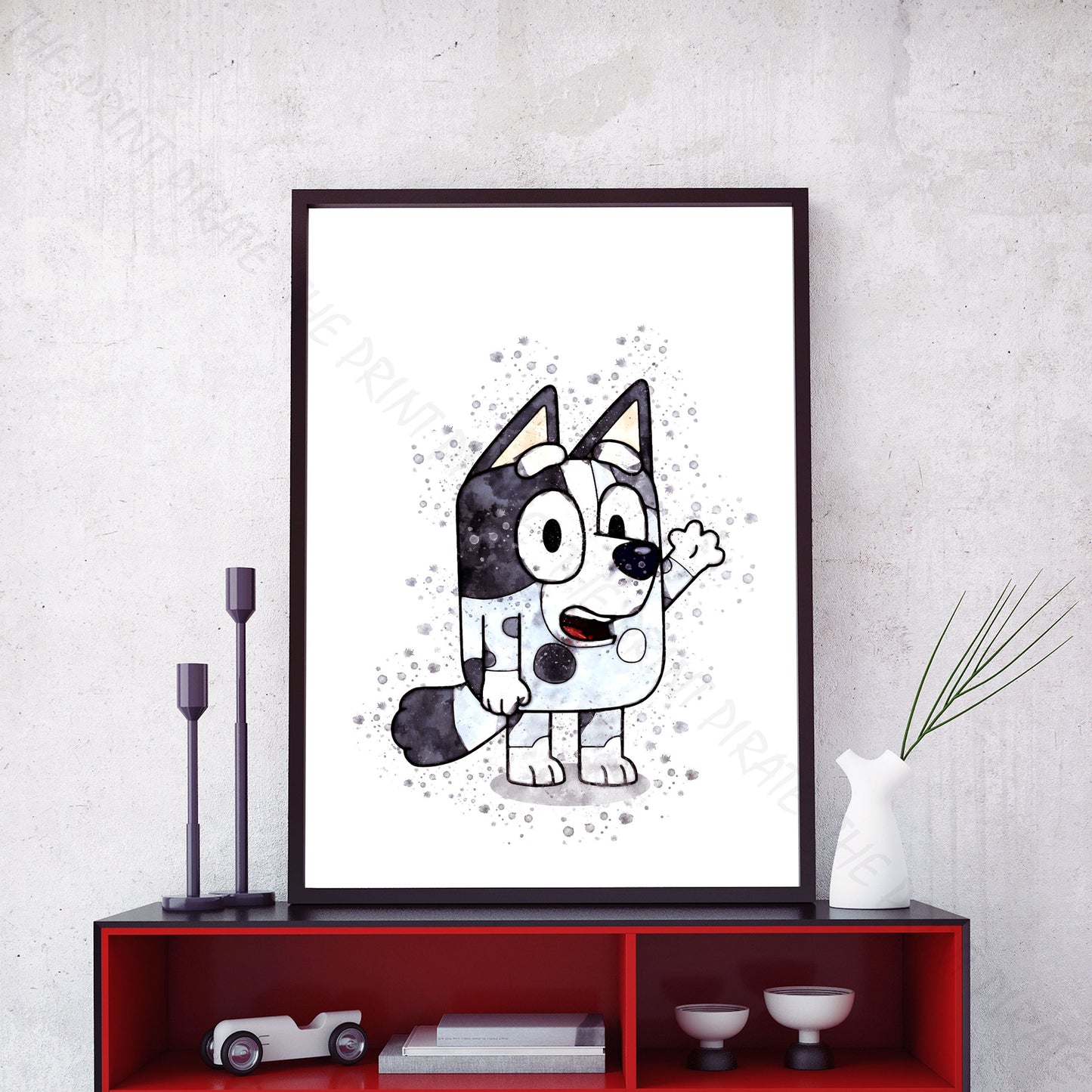 Bluey 'MUFFIN' character Watercolour Splash Wall Art Print