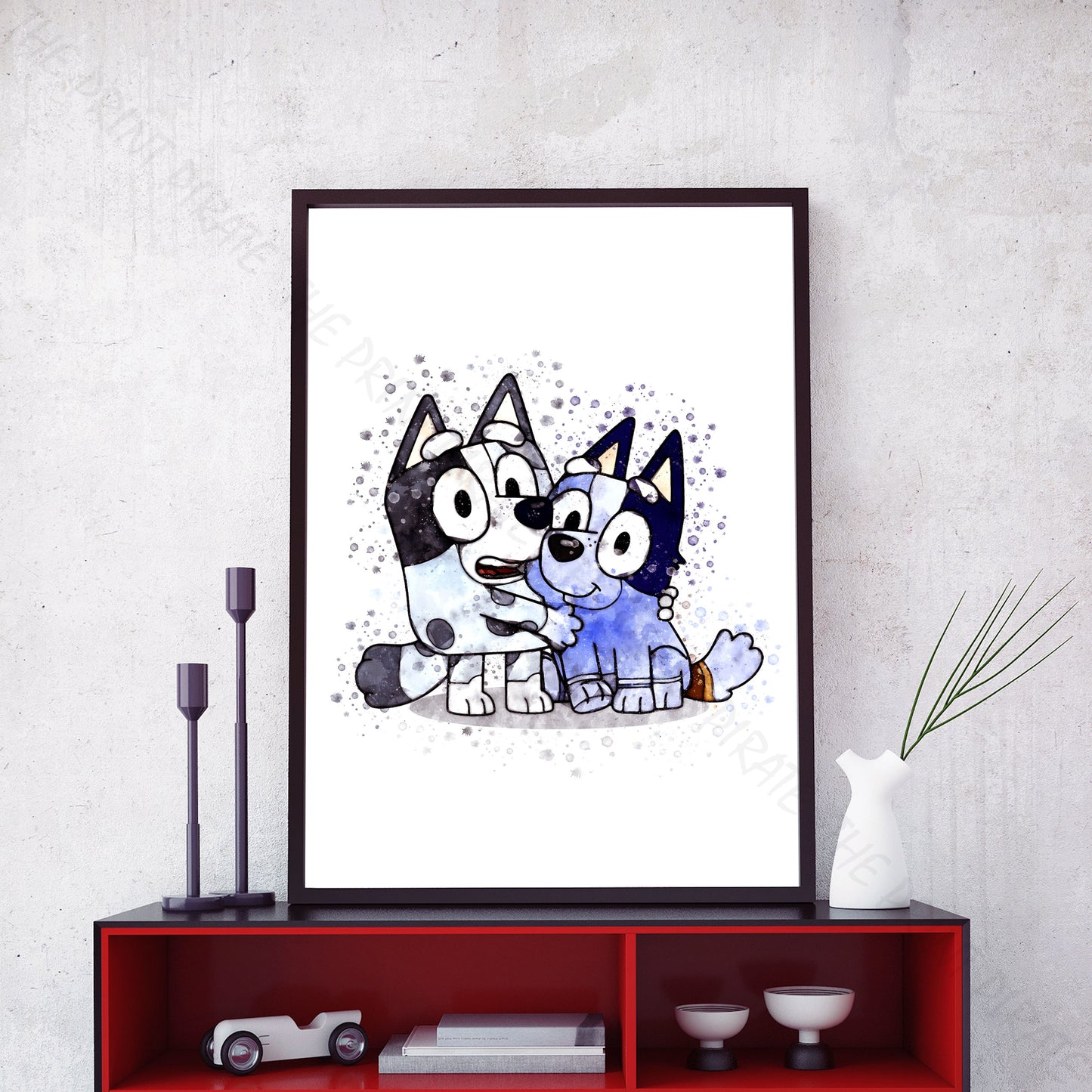 Bluey 'MUFFIN & SOCKS' character Watercolour Splash Wall Art Print