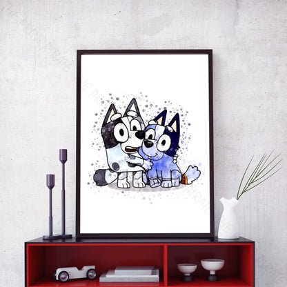 Bluey 'MUFFIN & SOCKS' character Watercolour Splash Wall Art Print