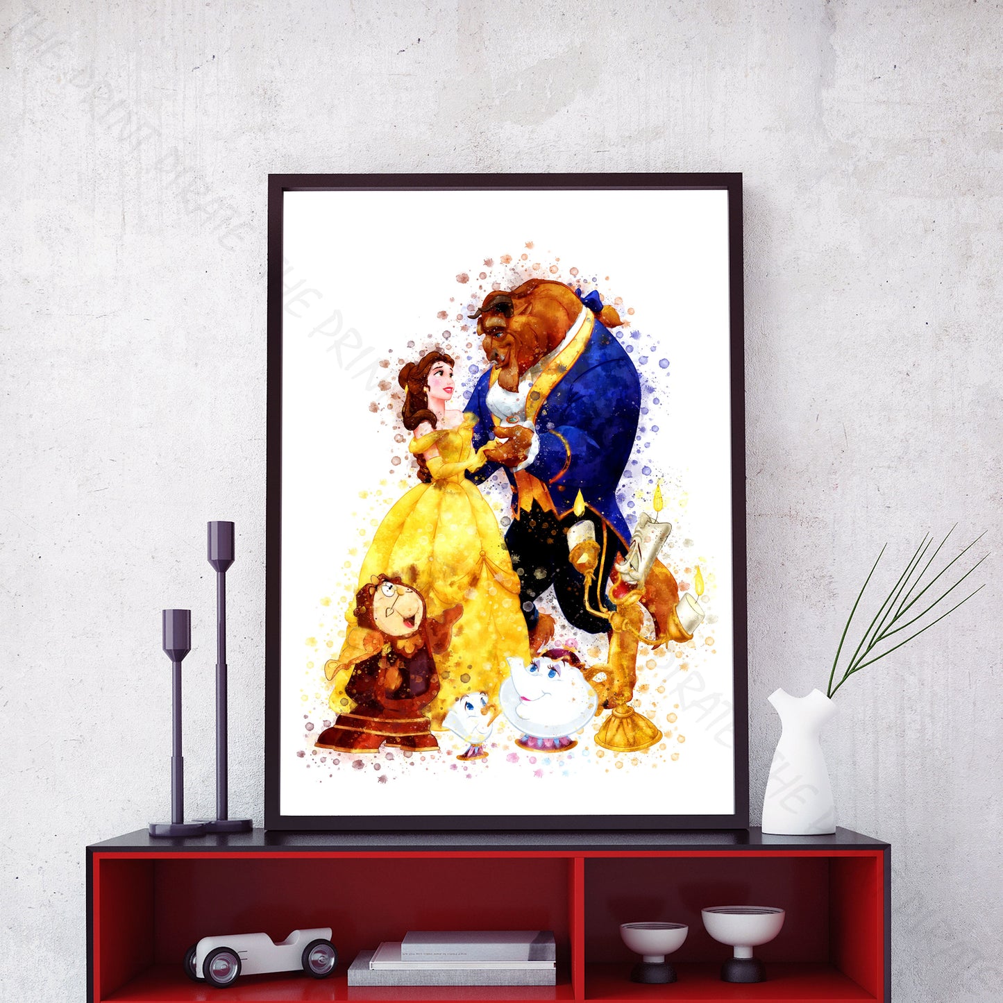 Disney 'BEAUTY AND THE BEAST GROUP' Watercolour Splash Wall Art Print