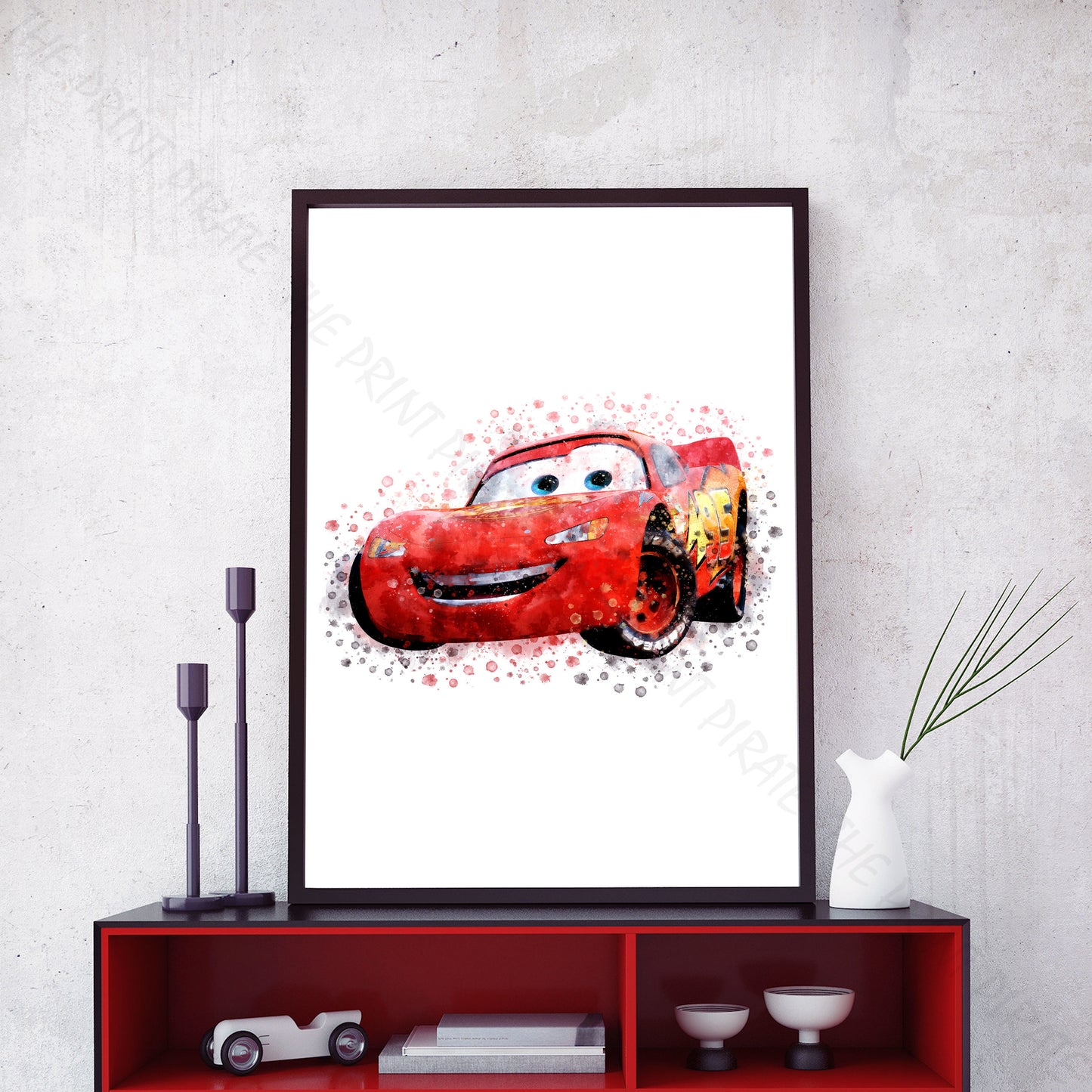 Disney 'LIGHTNING McQUEEN' Cars Character Watercolour Splash Wall Art Print