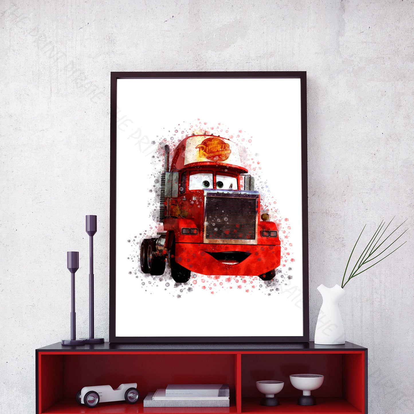 Disney 'MACK' Cars Character Watercolour Splash Wall Art Print