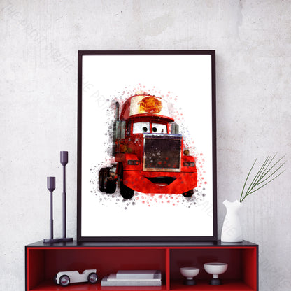 Disney 'MACK' Cars Character Watercolour Splash Wall Art Print