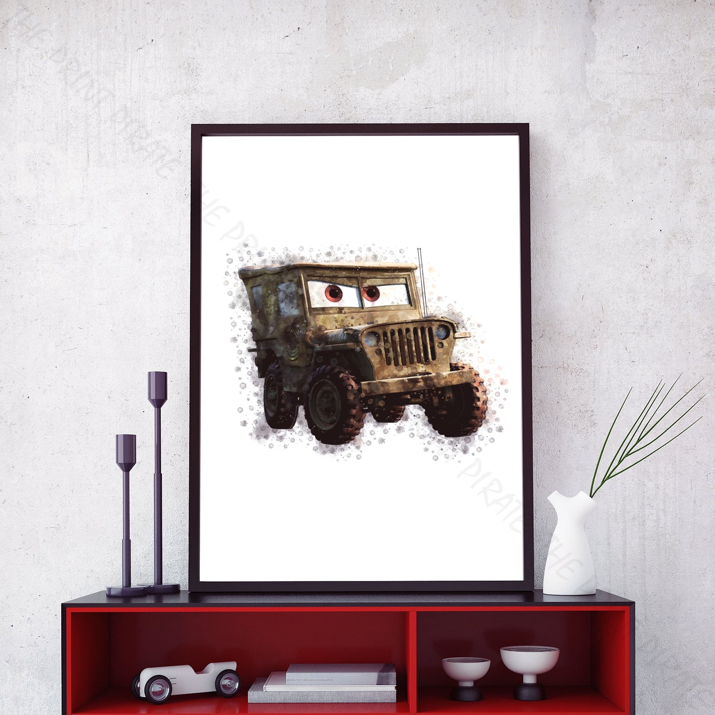 Disney 'SARGE' Cars Character Watercolour Splash Wall Art Print