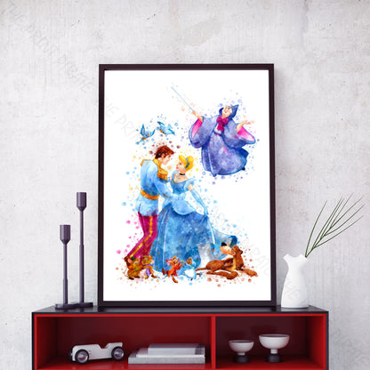 Disney 'CINDERELLA GROUP' Watercolour Splash Wall Art Print