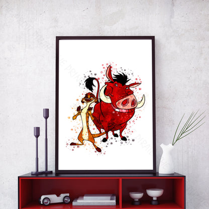 Disney 'TIMON AND PUMBAA' Lion King Watercolour Splash Wall Art Print