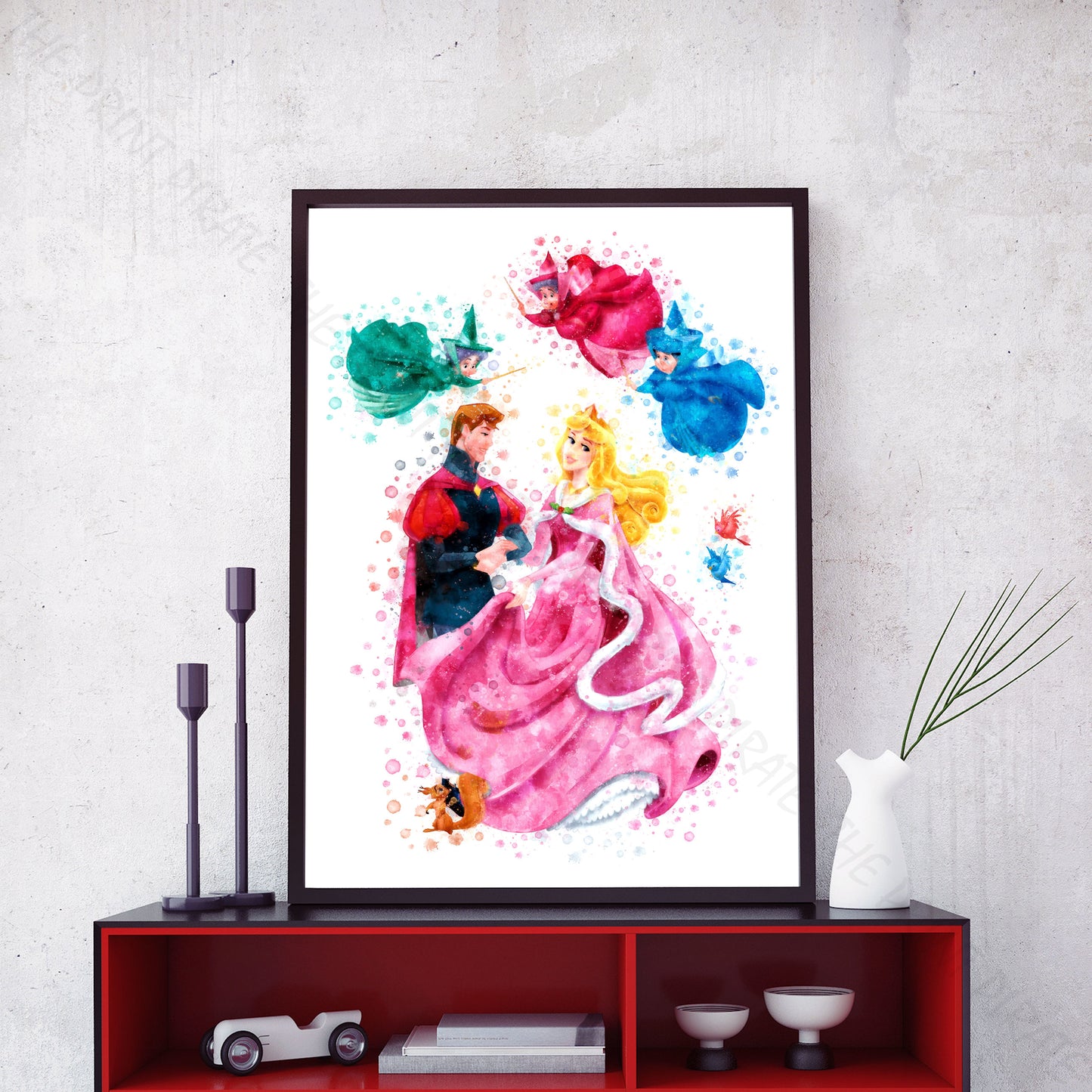 Disney 'SLEEPING BEAUTY GROUP' Watercolour Splash Wall Art Print