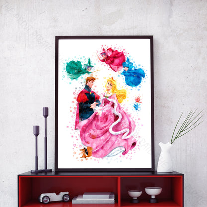 Disney 'SLEEPING BEAUTY GROUP' Watercolour Splash Wall Art Print