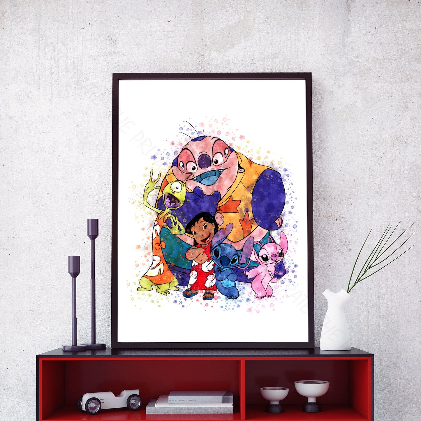 Disney 'LILO AND STITCH GROUP' Lilo and Stitch Watercolour Splash Wall Art Print