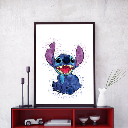 Disney 'STITCH SITTING' Lilo and Stitch Watercolour Splash Wall Art Print