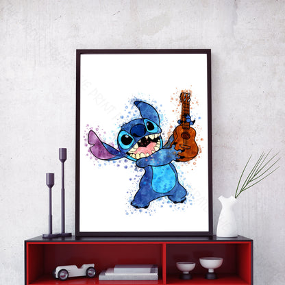 Disney 'STITCH WITH UKE' Lilo and Stitch Watercolour Splash Wall Art Print