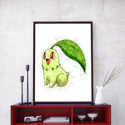 Pokemon 'CHIKORITE' Watercolour Splash Wall Art Print