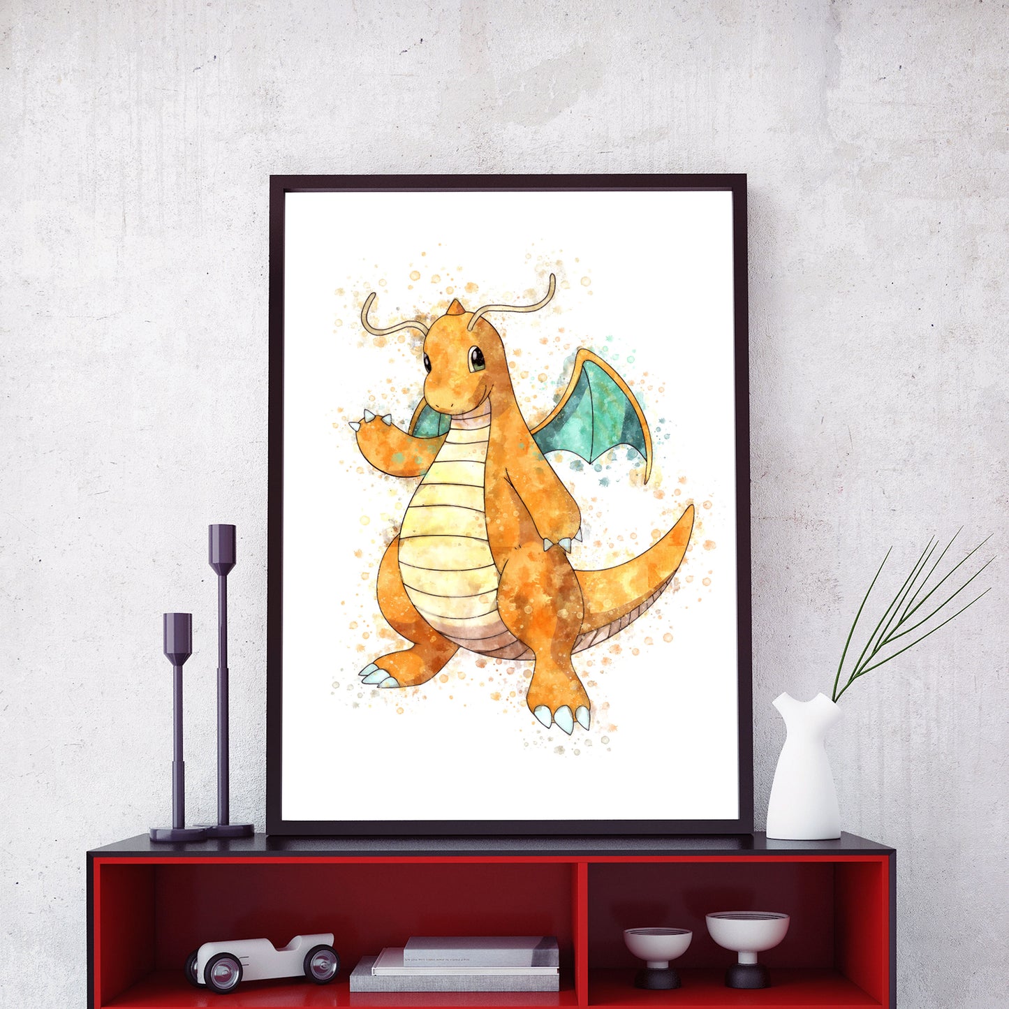 Pokemon 'DRAGONITE' Watercolour Splash Wall Art Print
