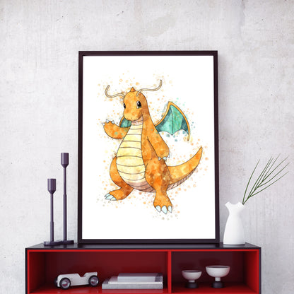 Pokemon 'DRAGONITE' Watercolour Splash Wall Art Print