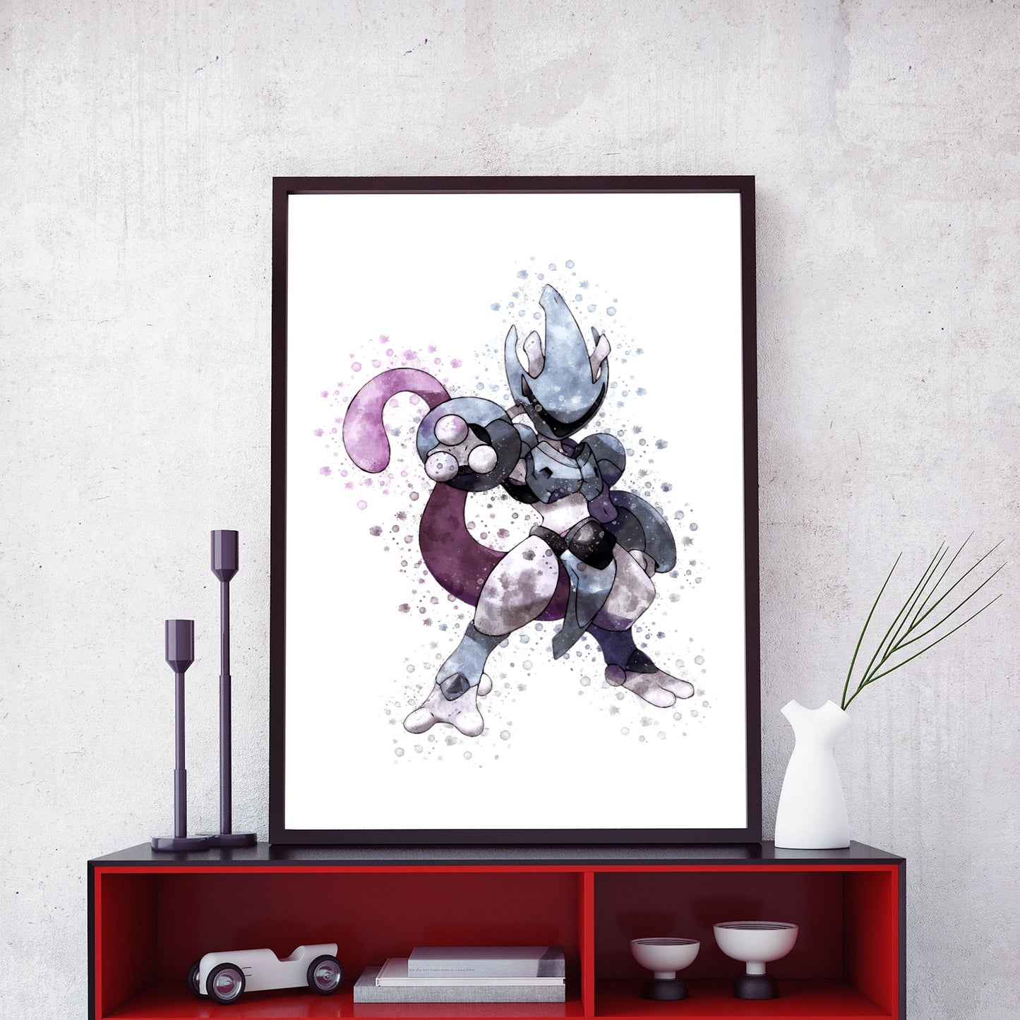 Pokemon 'ARMOURED MEWTWO' Watercolour Splash Wall Art Print