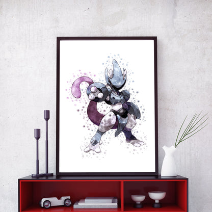 Pokemon 'ARMOURED MEWTWO' Watercolour Splash Wall Art Print
