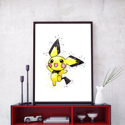Pokemon 'PICHU' Watercolour Splash Wall Art Print