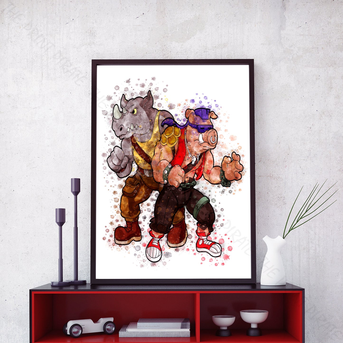 Teenage Mutant Ninja Turtles 'BEBOP AND ROCKSTEADY' Watercolour Splash Wall Art Print