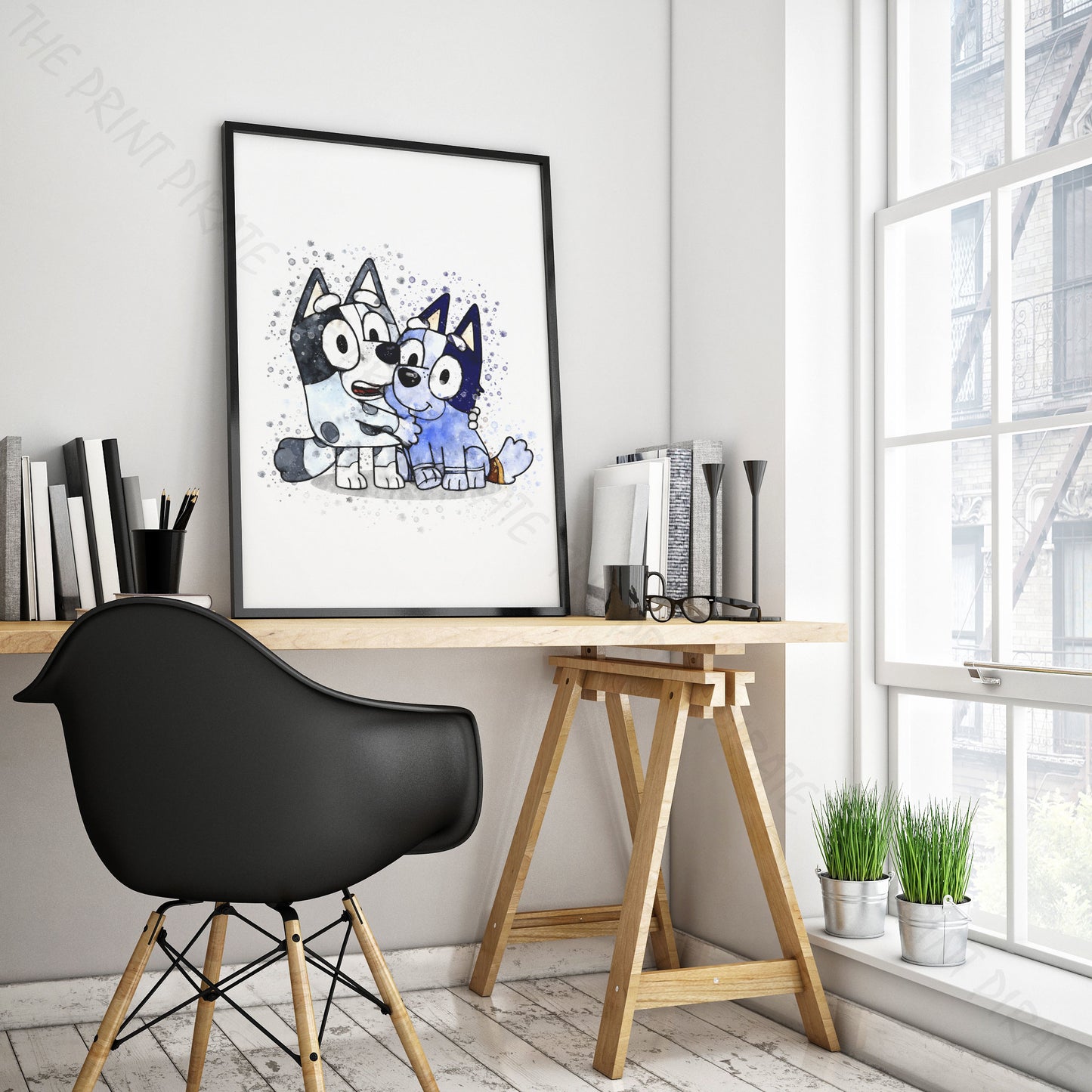 Bluey 'MUFFIN & SOCKS' character Watercolour Splash Wall Art Print