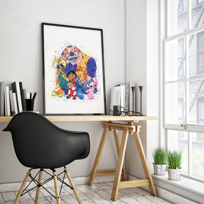 Disney 'LILO AND STITCH GROUP' Lilo and Stitch Watercolour Splash Wall Art Print