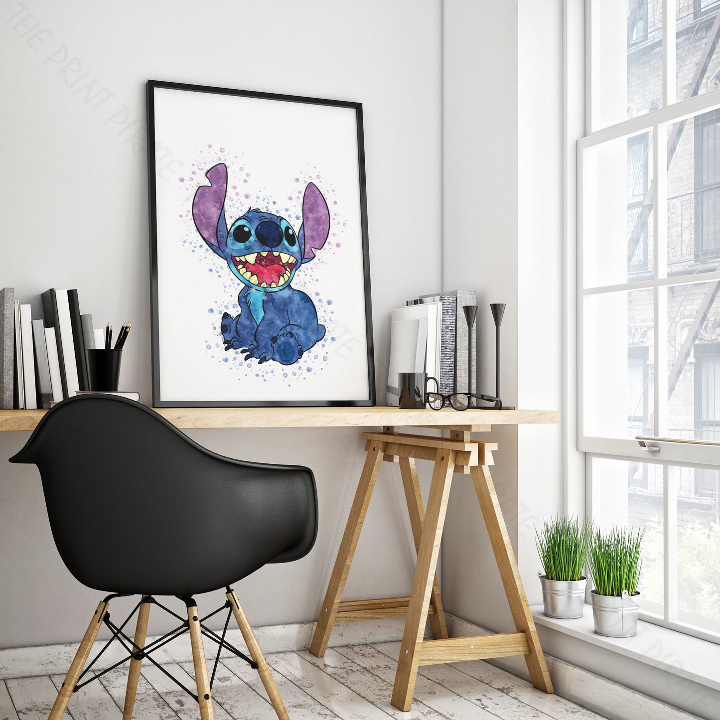 Disney 'STITCH SITTING' Lilo and Stitch Watercolour Splash Wall Art Print