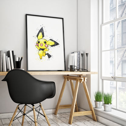 Pokemon 'PICHU' Watercolour Splash Wall Art Print