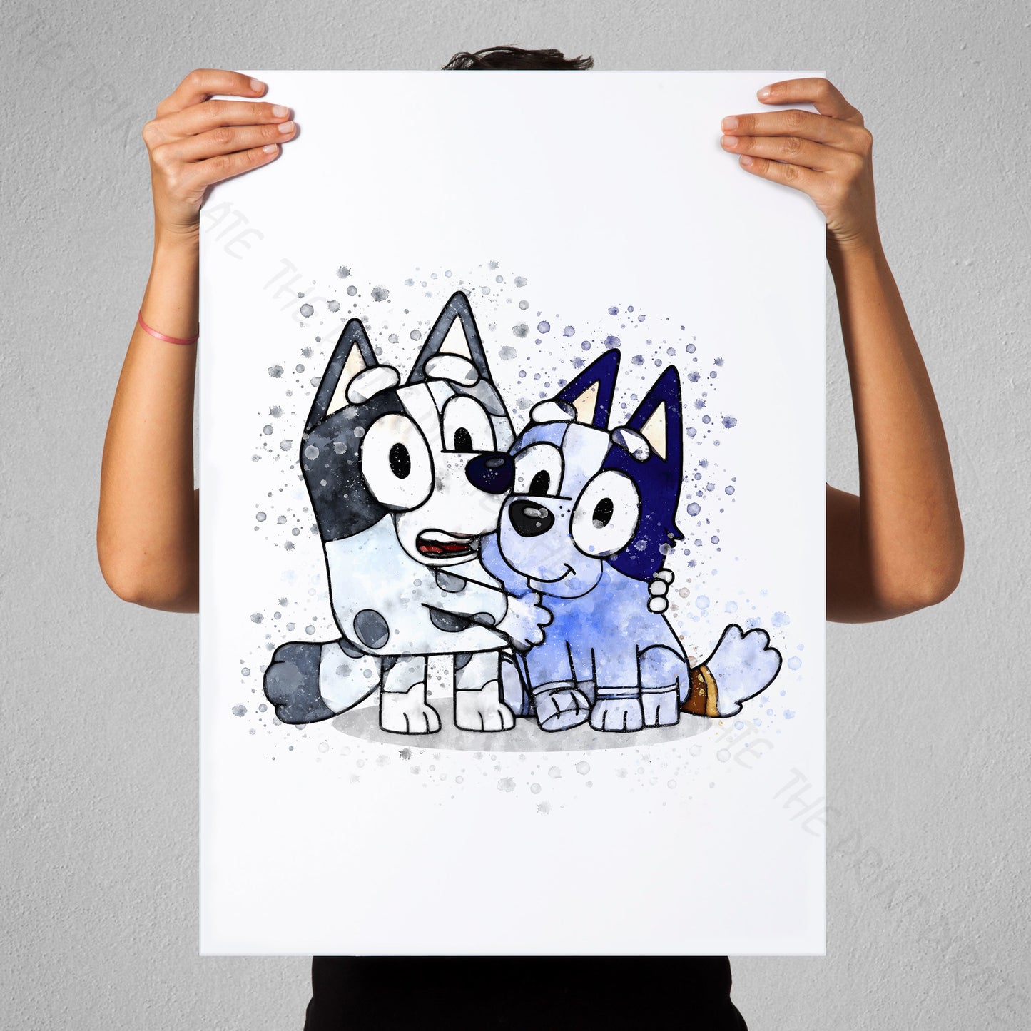 Bluey 'MUFFIN & SOCKS' character Watercolour Splash Wall Art Print